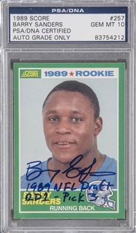 1989 Score #257 Barry Sanders Signed and Inscribed Rookie Card – PSA/DNA GEM MT 10 Signature!